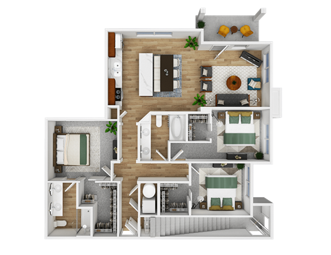 A detailed 3D floor plan of a house layout.
